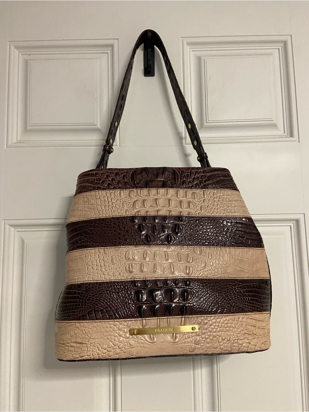 BRAHMIN Striped Croc-Embossed Tote Bag in Brown and Beige